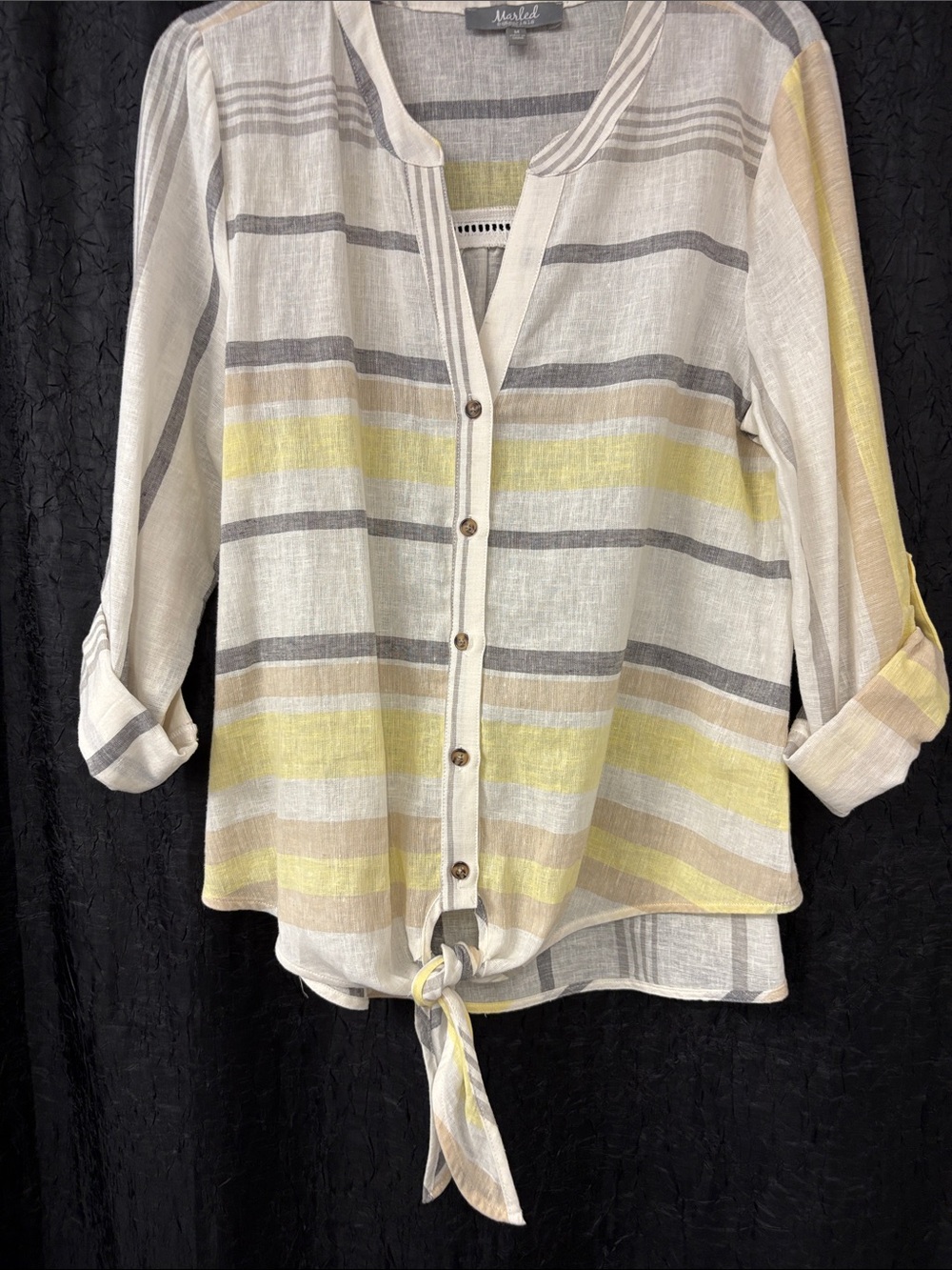 Marled Striped Button-Front Tie-Hem Blouse in Yellow, Gray and Cream